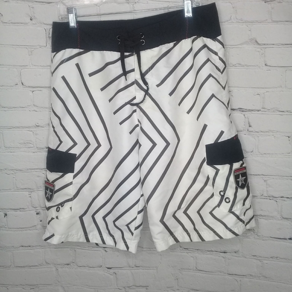 Molokai White Dark Brown Striped Swim Trunk Board Short Leg Pockets Sz 34 - Picture 1 of 6